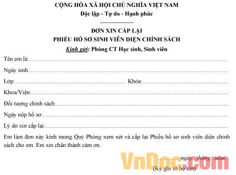 Mẫu đơn xin cấp lại phiếu hồ sơ sinh viên diện chính sách