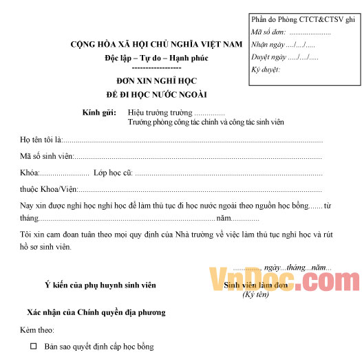 Mẫu đơn xin nghỉ học để đi học nước ngoài