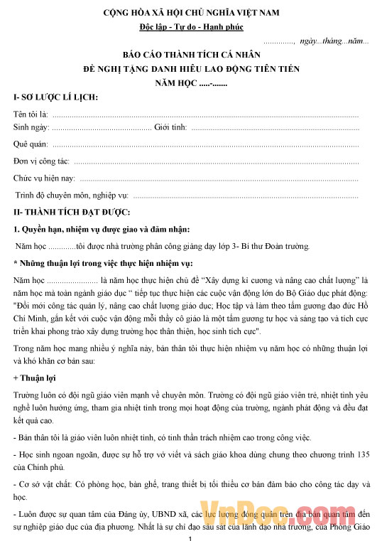 Mẫu báo cáo thành tích cá nhân của giáo viên