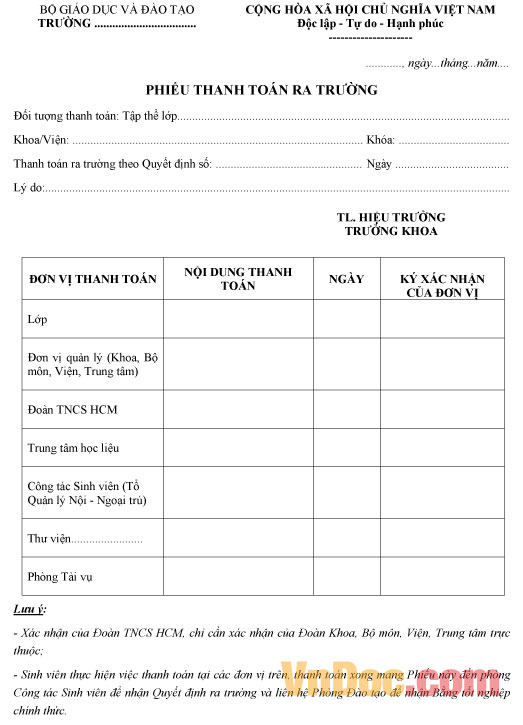 Phiếu thanh toán ra trường dành cho tập thể Mẫu phiếu thanh toán ra trường dành cho tập thể