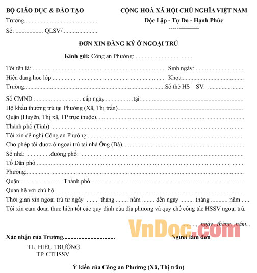 Mẫu đơn xin đăng ký ở ngoại trú