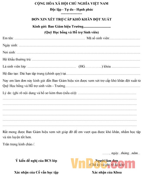 Đơn xin hỗ trợ khó khăn đột xuất dành cho sinh viên Mẫu đơn xin hỗ trợ khó khăn đột xuất dành cho sinh viên