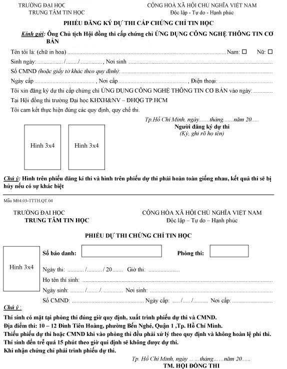 Phiếu đăng ký thi chứng chỉ ứng dụng CNTT cơ bản Mẫu phiếu đăng ký thi chứng chỉ ứng dụng CNTT cơ bản