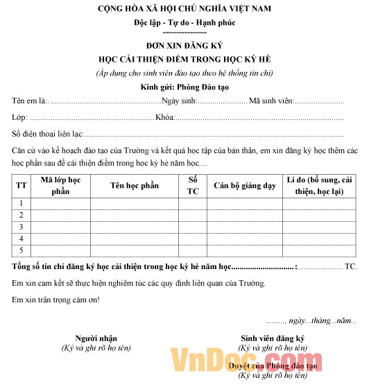 Đơn xin đăng ký học cải thiện điểm Mẫu đơn xin đăng ký học cải thiện điểm