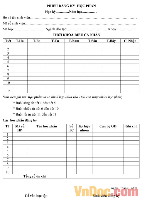 Mẫu phiếu đăng ký học phần
