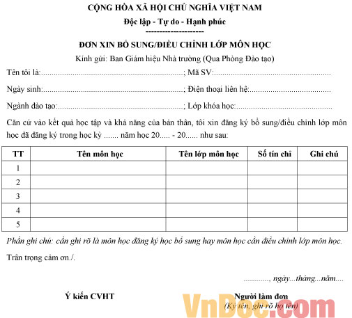 Mẫu đơn xin bổ sung, điều chỉnh lớp môn học