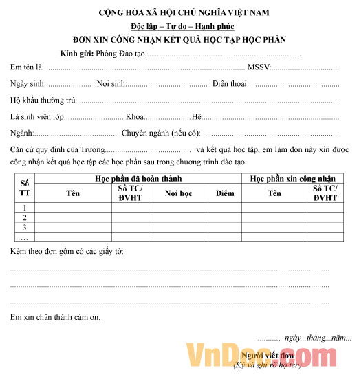 Mẫu đơn xin công nhận kết quả học phần