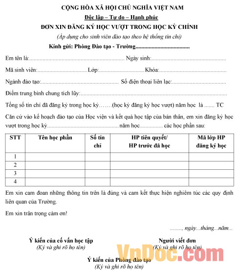 Đơn xin đăng ký học vượt Mẫu đơn xin đăng ký học vượt