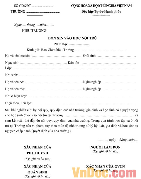 Mẫu đơn xin vào học nội trú