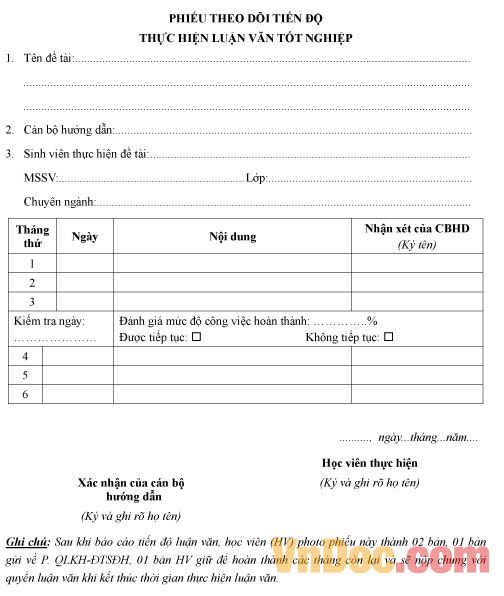 Phiếu theo dõi tiến độ thực hiện luận văn tốt nghiệp Mẫu phiếu theo dõi tiến độ thực hiện luận văn tốt nghiệp