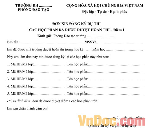 Mẫu đơn đăng ký dự thi các học phần đã được duyệt hoãn thi