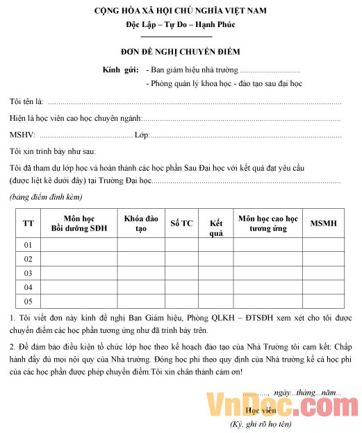 Mẫu đơn đề nghị chuyển điểm
