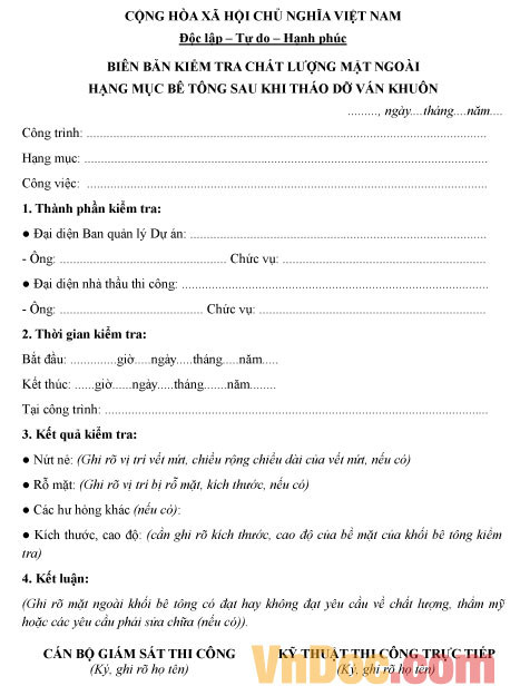 Biên bản kiểm tra chất lượng hạng mục bê tông Mẫu biên bản kiểm tra chất lượng hạng mục bê tông