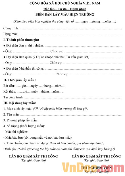 Mẫu biên bản lấy mẫu hiện trường