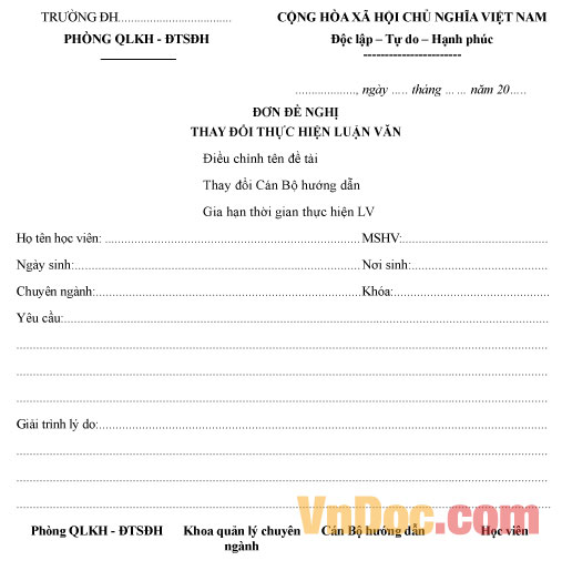 Mẫu đơn đề nghị thay đổi thực hiện luận văn thạc sĩ