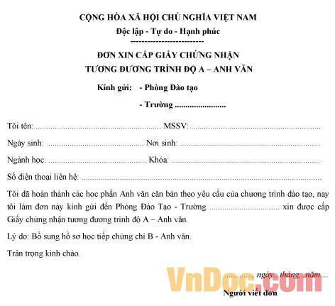 Mẫu đơn xin cấp giấy chứng nhận tương đương trình độ A - Anh văn