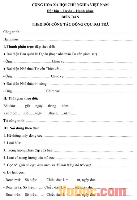 Mẫu biên bản theo dõi công tác đóng cọc đại trà