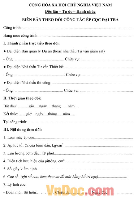 Biên bản theo dõi công tác ép cọc đại trà Mẫu biên bản theo dõi công tác ép cọc đại trà