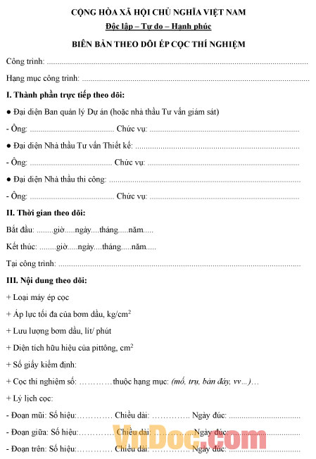 Mẫu biên bản theo dõi ép cọc thí nghiệm