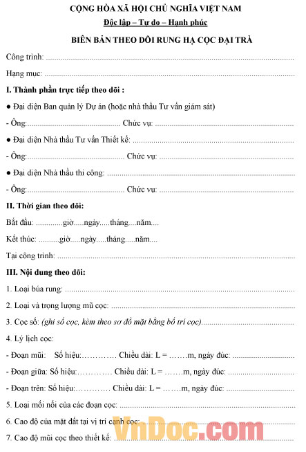 Mẫu biên bản theo dõi rung hạ cọc đại trà