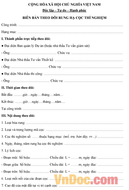 Mẫu biên bản theo dõi rung hạ cọc thí nghiệm