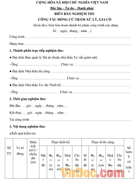 Mẫu biên bản nghiệm thu công tác đóng cừ tràm xử lý, gia cố