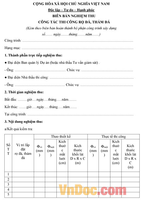 Mẫu biên bản nghiệm thu công tác thi công rọ đá, thảm đá