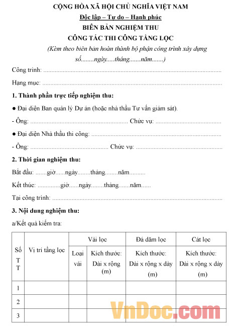 Biên bản nghiệm thu công tác thi công tầng lọc Mẫu biên bản nghiệm thu công tác thi công tầng lọc