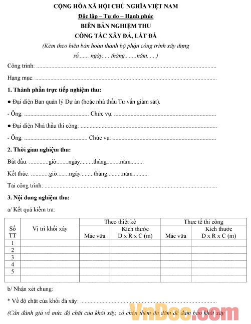 Biên bản nghiệm thu công tác xây đá, lát đá Mẫu biên bản nghiệm thu công tác xây đá, lát đá
