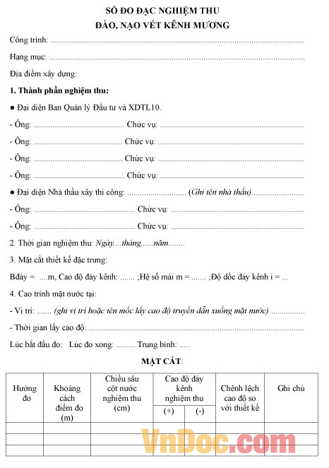 Mẫu sổ đo đạc nghiệm thu đào, nạo vét kênh mương