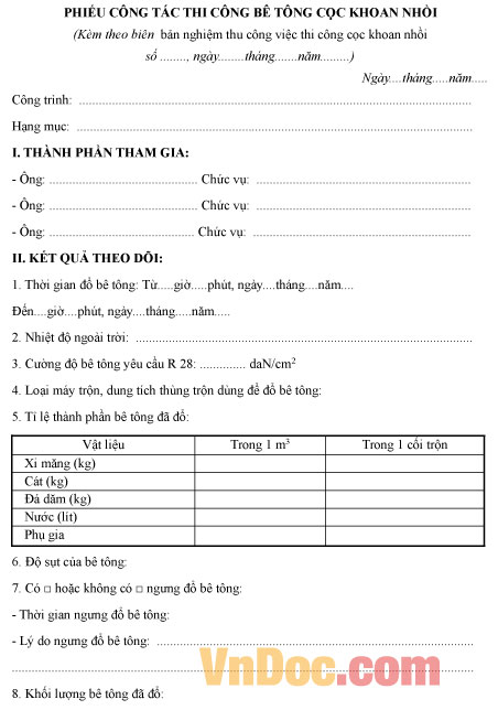 Mẫu phiếu công tác thi công bê tông cọc khoan nhồi