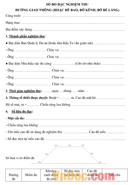 Sổ đo đạc nghiệm thu đường giao thông Mẫu sổ đo đạc nghiệm thu đường giao thông