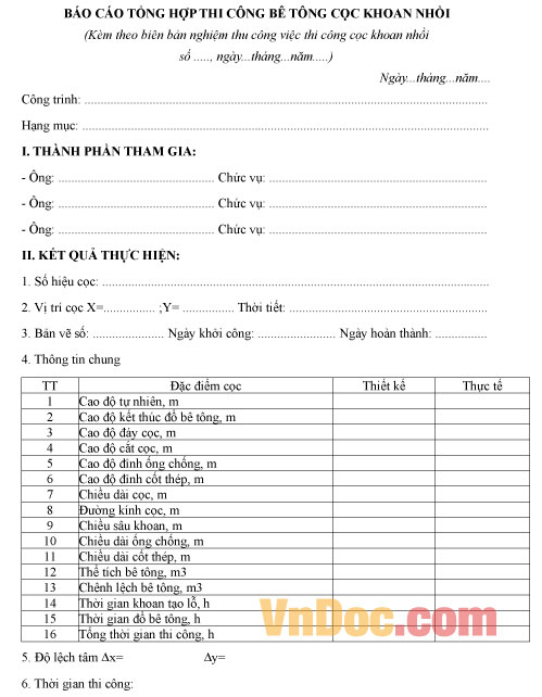 Mẫu báo cáo tổng hợp thi công bê tông cọc khoan nhồi