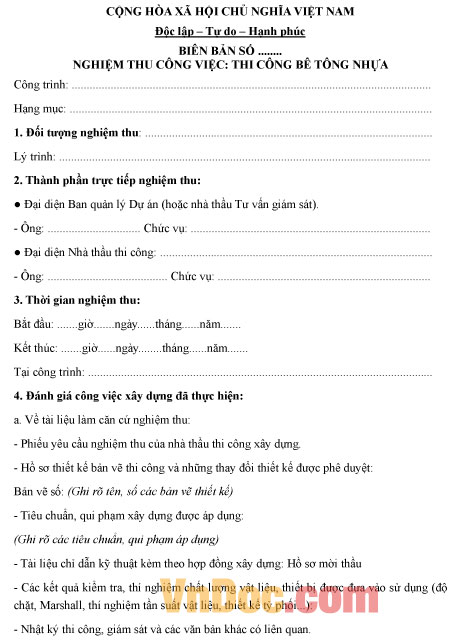 Mẫu biên bản nghiệm thu công việc thi công bê tông nhựa