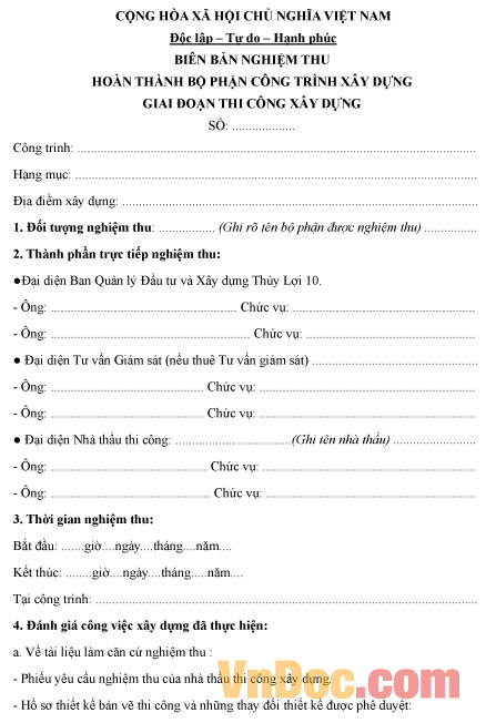 Mẫu biên bản nghiệm thu hoàn thành bộ phận công trình xây dựng