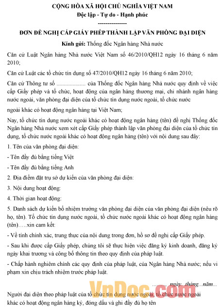Đơn đề nghị cấp giấy phép thành lập văn phòng đại diện của tổ chức tín dụng nước ngoài có hoạt động ngân hàng Mẫu đơn đề nghị cấp giấy phép thành lập văn phòng đại diện của tổ chức tín dụng nước ngoài có hoạt động ngân hàng