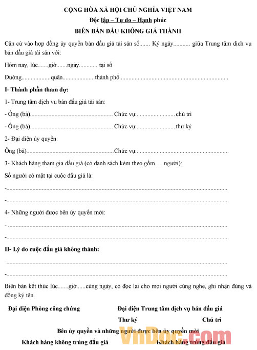 Mẫu biên bản đấu giá không thành