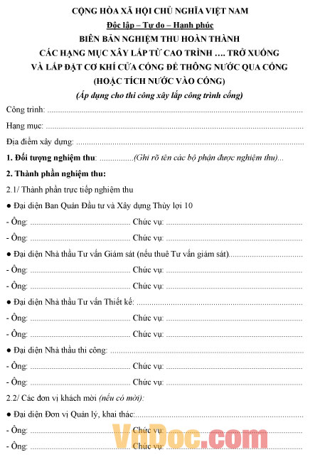 Mẫu biên bản nghiệm thu hoàn thành các hạng mục xây lắp