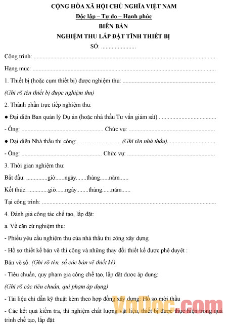 Biên bản nghiệm thu lắp đặt tĩnh thiết bị Mẫu biên bản nghiệm thu lắp đặt tĩnh thiết bị