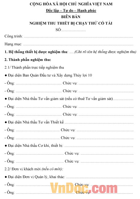 Biên bản nghiệm thu thiết bị chạy thử có tải Mẫu biên bản nghiệm thu thiết bị chạy thử có tải