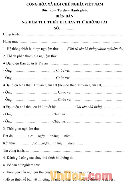 Mẫu biên bản nghiệm thu thiết bị chạy thử không tải