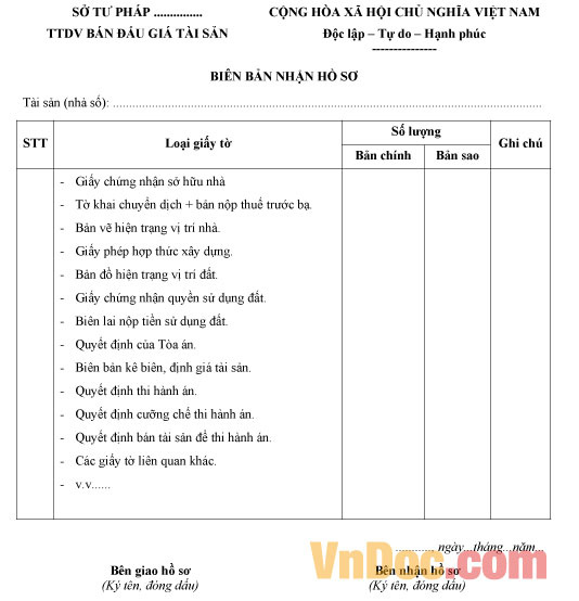 Mẫu biên bản nhận hồ sơ đấu giá