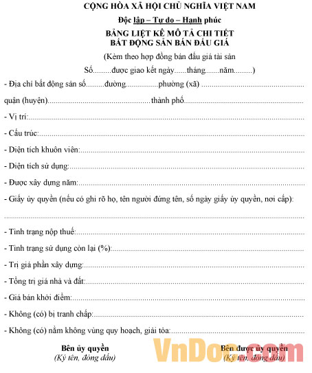Mẫu bảng kê chi tiết tài sản bất động sản đấu giá