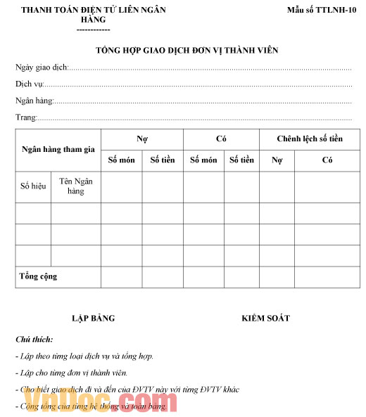 Mẫu số TTLNH-10: Tổng hợp giao dịch đơn vị thành viên