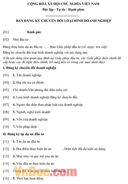 Mẫu bản đăng ký đổi loại hình doanh nghiệp