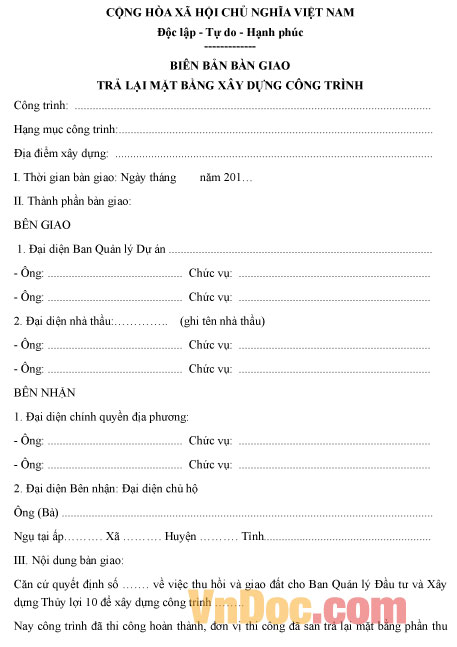 Mẫu biên bản bàn giao trả lại mặt bằng xây dựng công trình