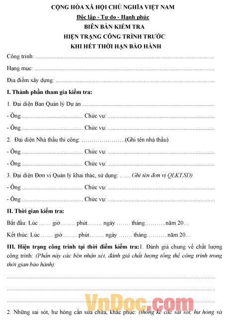 Biên bản kiểm tra hiện trạng công trình trước khi hết thời hạn bảo hành Mẫu biên bản kiểm tra hiện trạng công trình trước khi hết thời hạn bảo hành