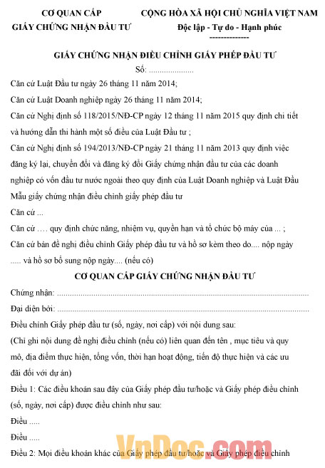 Mẫu giấy chứng nhận điều chỉnh giấy phép đầu tư