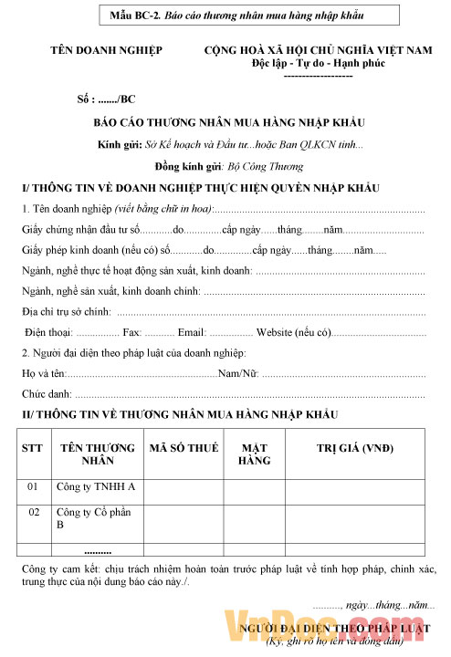 Mẫu báo cáo thương nhân mua hàng nhập khẩu