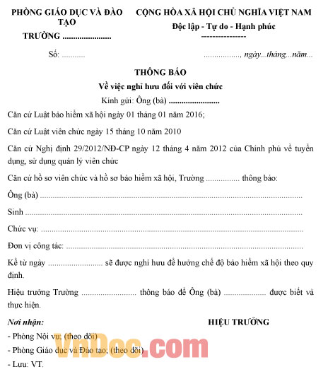 Thông báo về việc nghỉ hưu đối với viên chức Mẫu thông báo về việc nghỉ hưu đối với viên chức